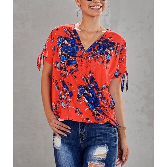 Zesica Tops - Red Floral Tie-Sleeve Surplice Top